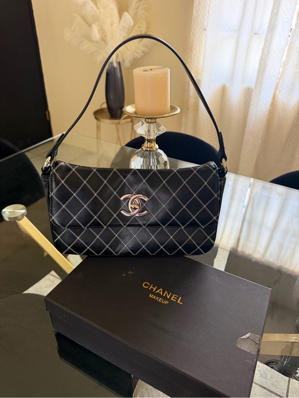 CHANEL Black Quilted Leather Shoulder Bag with Gold CC Hardware